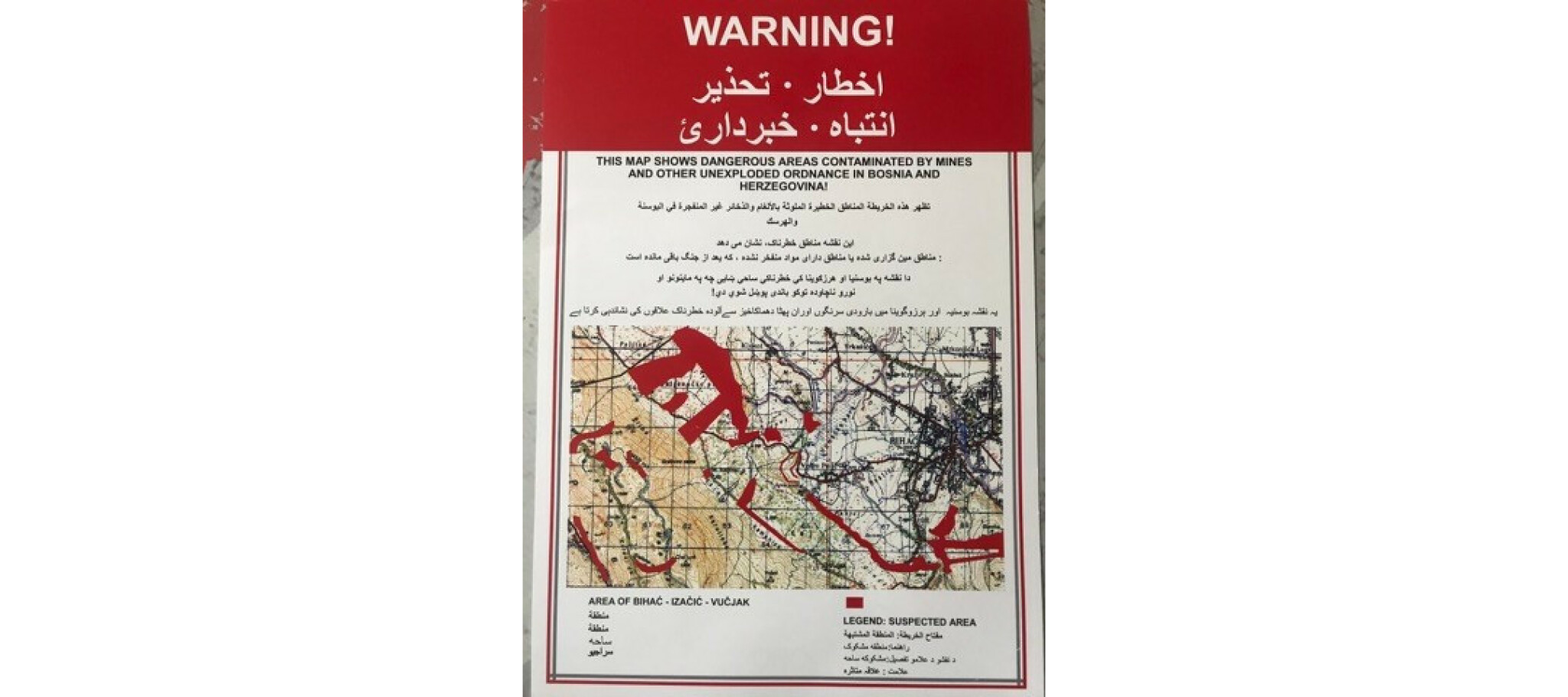 Map of the suspected landmine area distributed to the migrants in Bosnia by the Red Cross. I am grateful to David Henig for sharing this map with me.